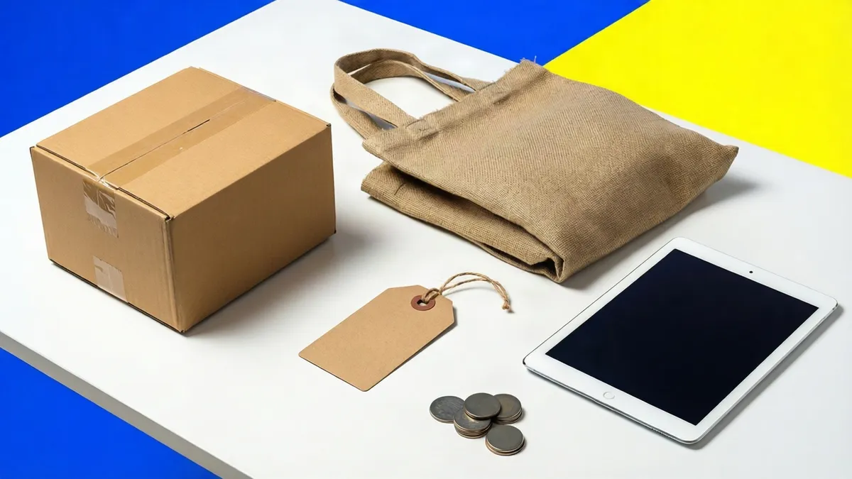 An abstract e-commerce workspace with a laptop, shipping boxes and a coffee cup, styled with clean editorial composition
