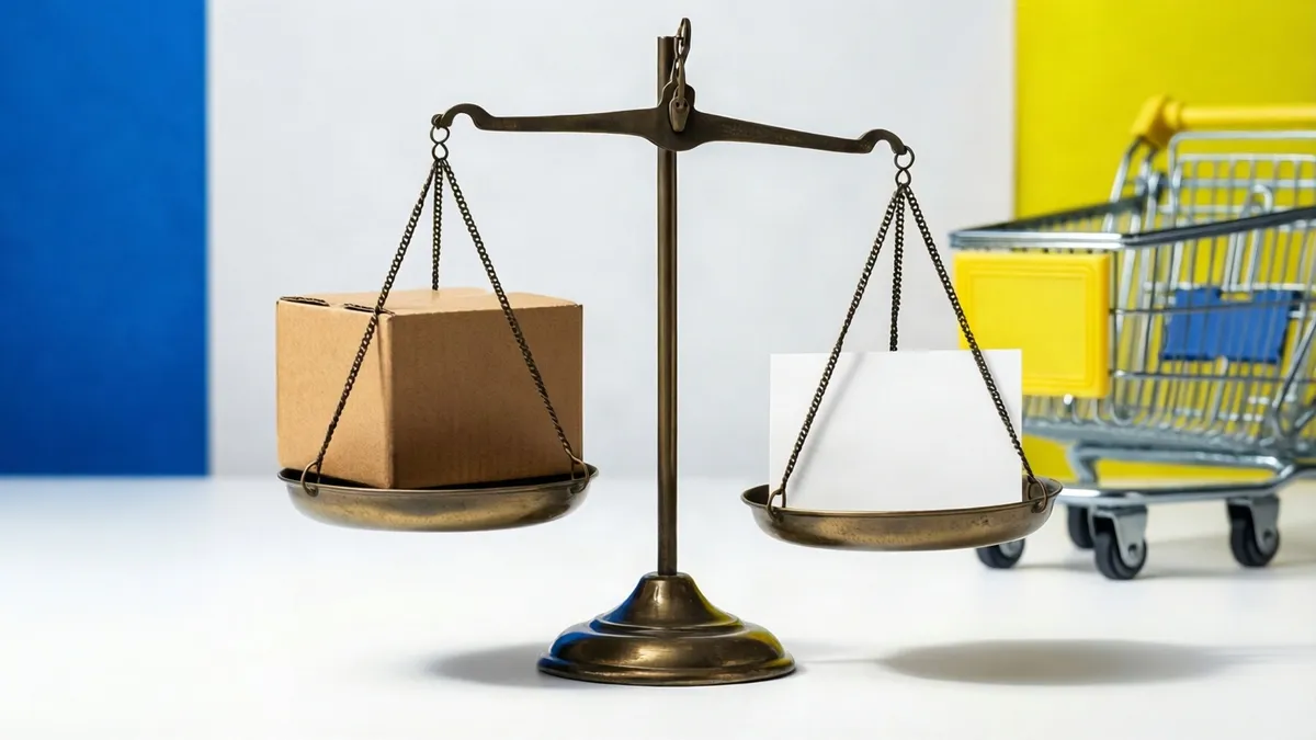 Une balance ancienne en métal avec un carton marron et un carré blanc, devant un chariot et un fond bleu et jaune.