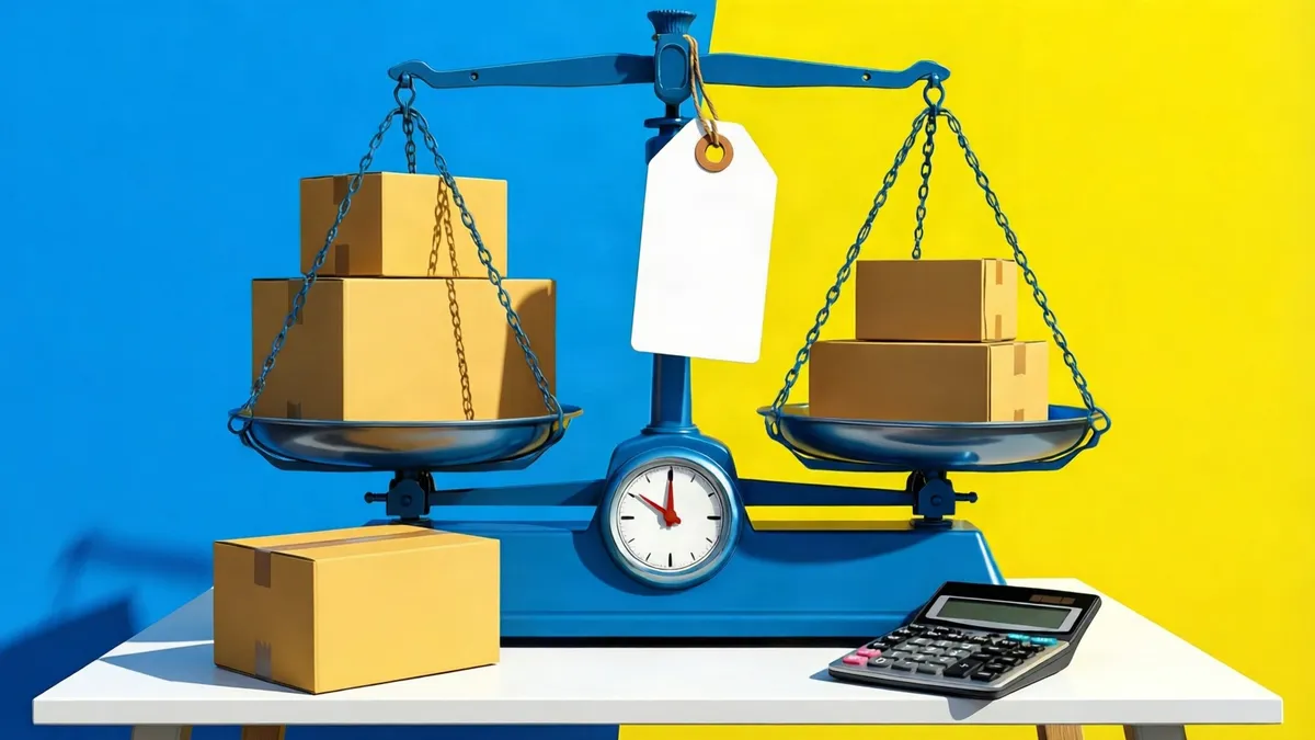 Une balance bleue équilibrée, chargée de cartons, avec une étiquette blanche, un cadran et une calculatrice sur une table blanche.